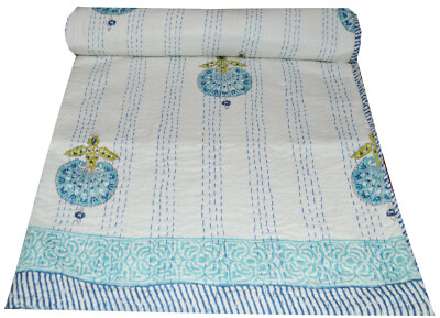Indian Hand Block Kantha Quilt Bedspread Blanket Throw Cotton Twin Size Gudri