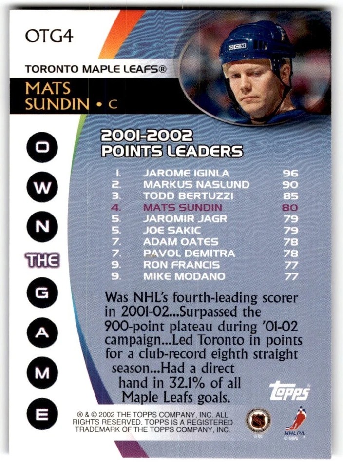 2002-03 Topps Own The Game Mats Sundin #OTG4 Toronto Maple Leafs - Image 2 of 2