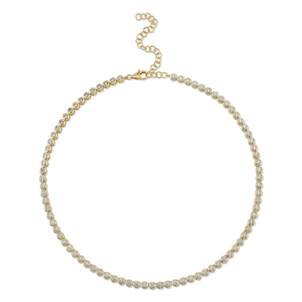 14K Yellow Gold Diamond Tennis Necklace Bezel Set 6.71 CT Round Cut Natural