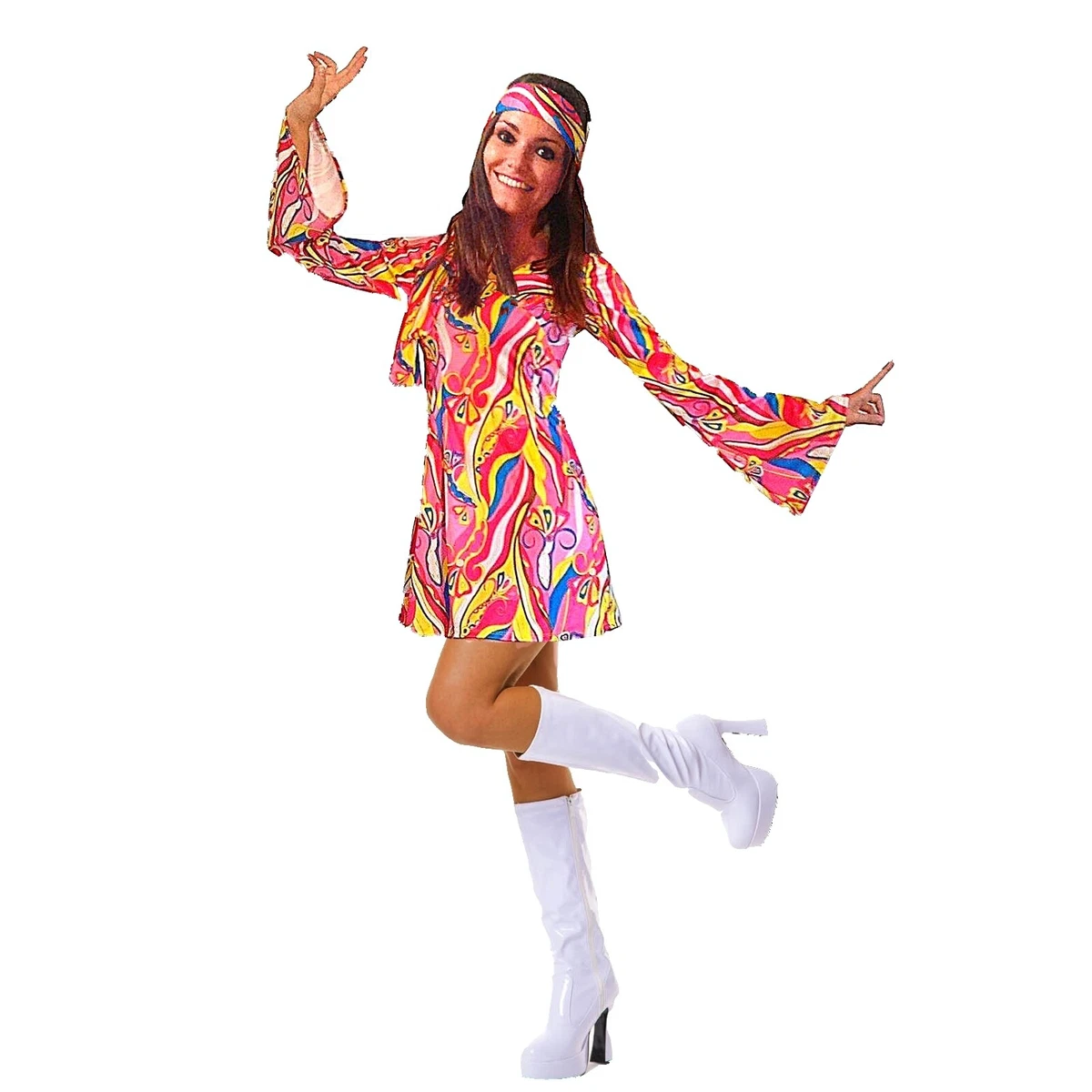 60s 70s Fancy Dress Costume Flower Power Hippie Hippy Retro GoGo