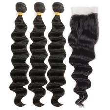 Peruvian Virgin Hair Loose Wave 3 Bundles 8"10"12" With 10" 4 by 4 Lace Closure
