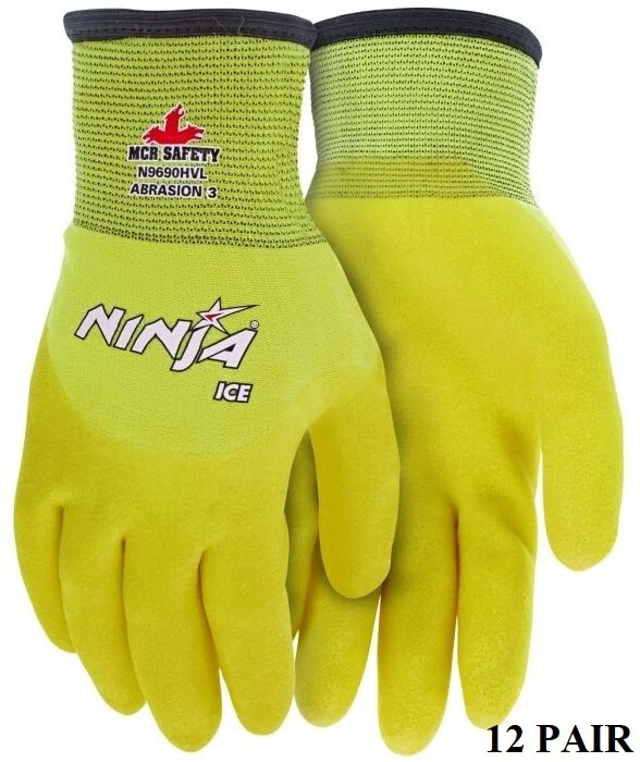 12- HI VIS Ninja Ice Insulated Cold Weather Warm Winter Palm Coated WORK GLOVES