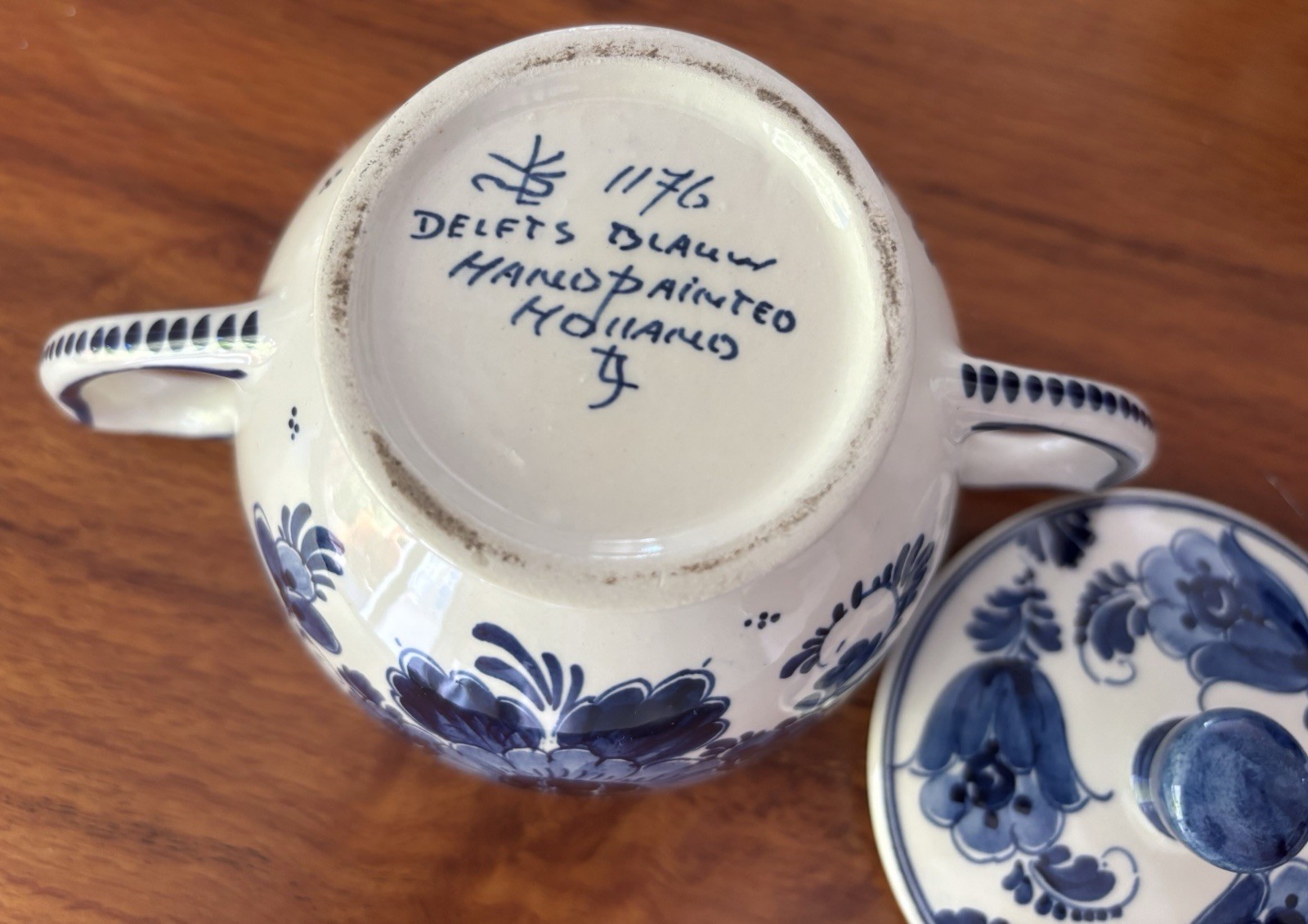Vintage Delft Blue Delfts Blauw Creamer & Covered Sugar, Holland, Signed