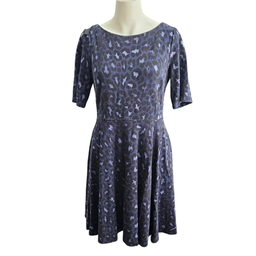 Abito svasato Kate Spade blu leopardato ponte mezza slv pizzo schiena aderente taglia media