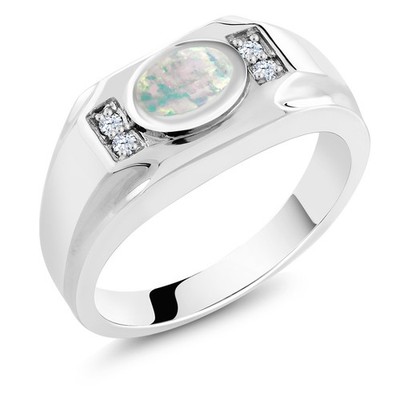 1.21 Cttw White Opal and White Created Sapphire Ring for Men | 925 Sterling