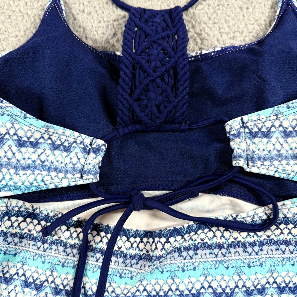 Tankini de natación forrado con almohadillas removibles geométricas de ganchillo M azul blanco para mujer Foto 4 de 4
