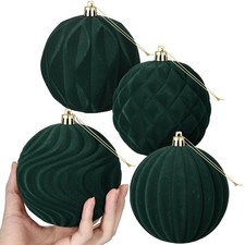 4 Pcs 4 Inch Green Large Velvet Christmas Ball Ornaments Vintage Christmas Pl...