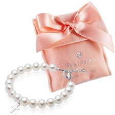 Baby Crystals Sterling Silver Cross Charm White Pearl Bracelet for Girl infant a
