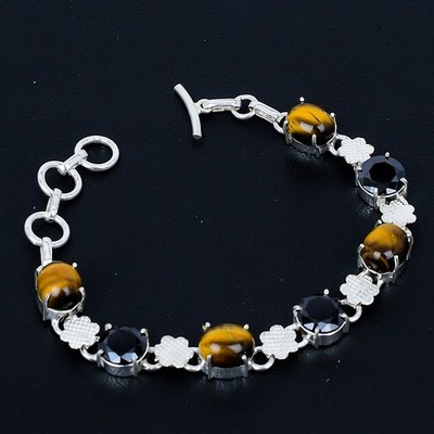 Tiger Eye, Black Spinel Handmade 925 Sterling Silver Jewelry Bracelet 7-8''