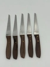 Vintage Japan Steak Knives Set of 5 Wood Handle Serrated Stainless Steel