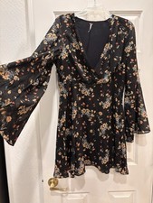 Free People Floral Black V Neck Mini Dress Size Large