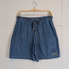Vintage 90s Denim Elastic Drawstring Waist Sailboat Embroidery Easy Shorts Sz S