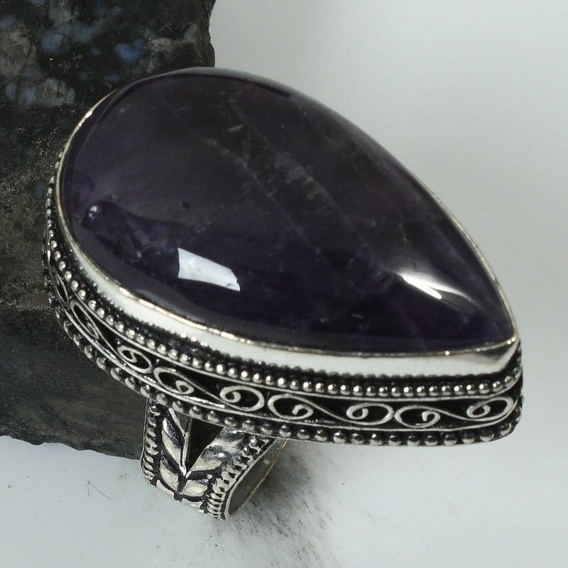 Amethyst Gemstone Handmade Antique Design Ring Jewelry US Size-8.25 AR 69031