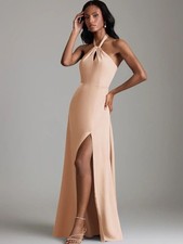 Azazie Tracie Maxi Dress English Rose A-Line Side Slit Stretch Satin Dress Sz 16