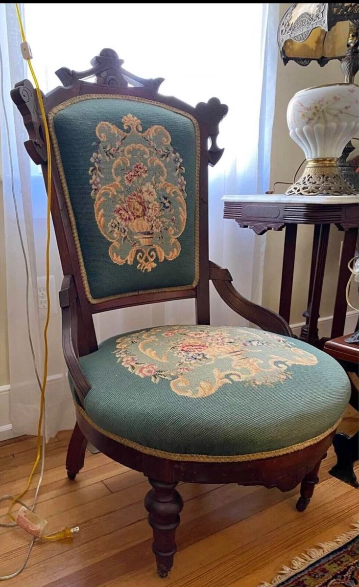 Antique Victorian Eastlake Needlepoint Velvet Parlor Chair eBay