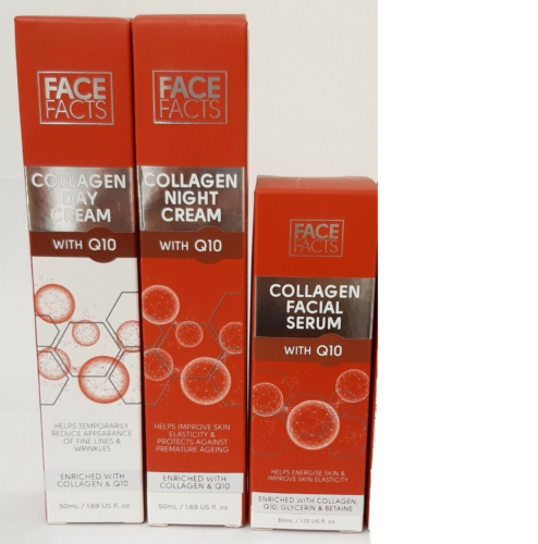 New Collagen Q10 Anti Ageing Face Facts Facial Serum Day and Night Cream SET - Afbeelding 1 van 4