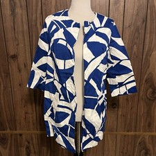 Chico  s Blue/White Geometric 3/4 Sleeve Blazer W/pockets Open Long Jacket Sz 0