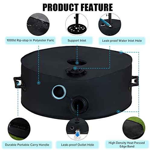 1000D Umbrella Base Weight Bag, Black, 50 lbs, 3.15 in Diameter, Fits