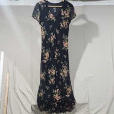 Vintage Positive Attitude Black Floral Tiered Hem Maxi Dress Sheer Sleeves Sz 8