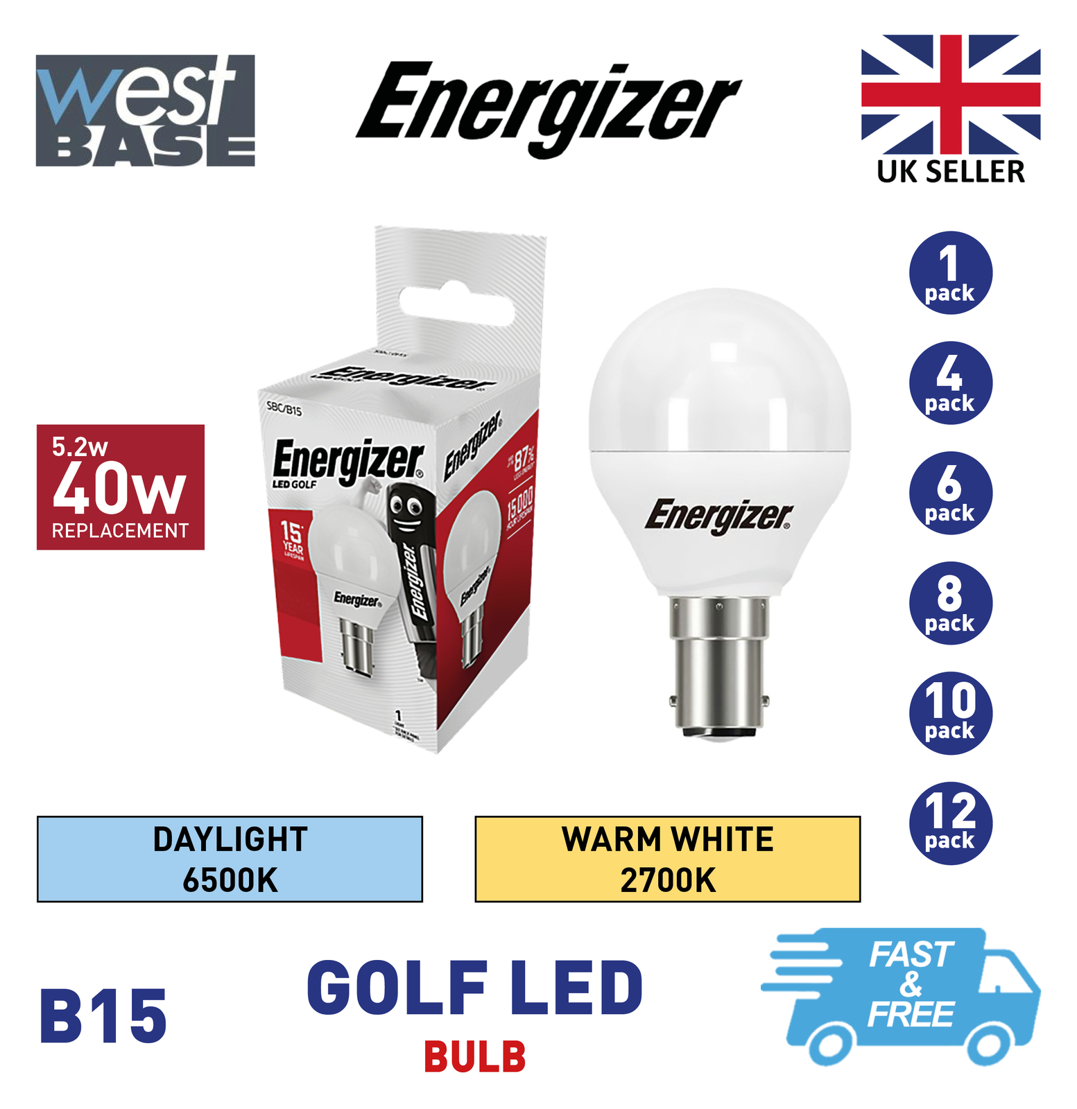 Energizer B15 Golf ball LED Light Bulb 5.2W=40W SBC Small 2700K