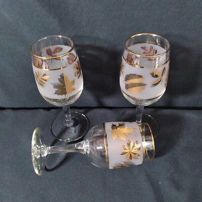 Libbey Wine Goblets Gold Leaf Design MCM Set Of 3 ~  6  Tall ~ 6oz 