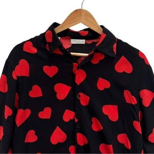Sandro Camicia Uomo Stampa Cuore Slim Fit Manica Corta Bottoni Nera Taglia S - Foto 3 di 9