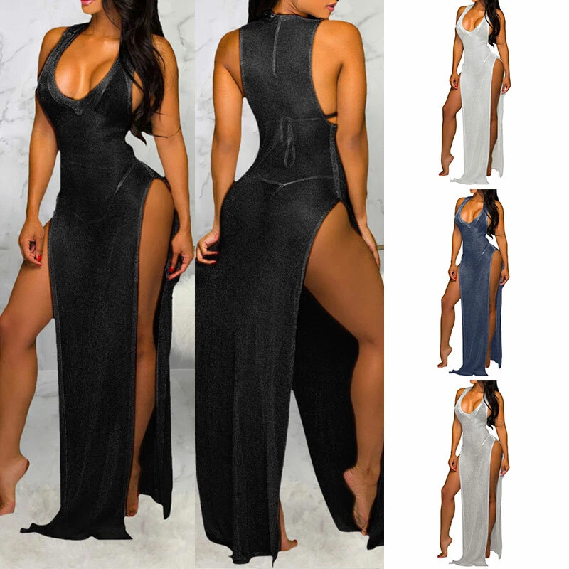 Women High Slit Dress Bodycon Deep V Neck Sleeveless Sexy Party Long Dress  Beach