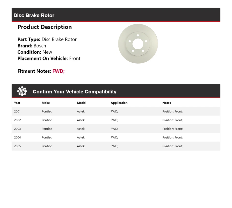 Rotor de freno de disco delantero para Pontiac Aztek 2001-2005 tracción delantera Bosch QuietCast 2002 2003 Foto 2 de 4