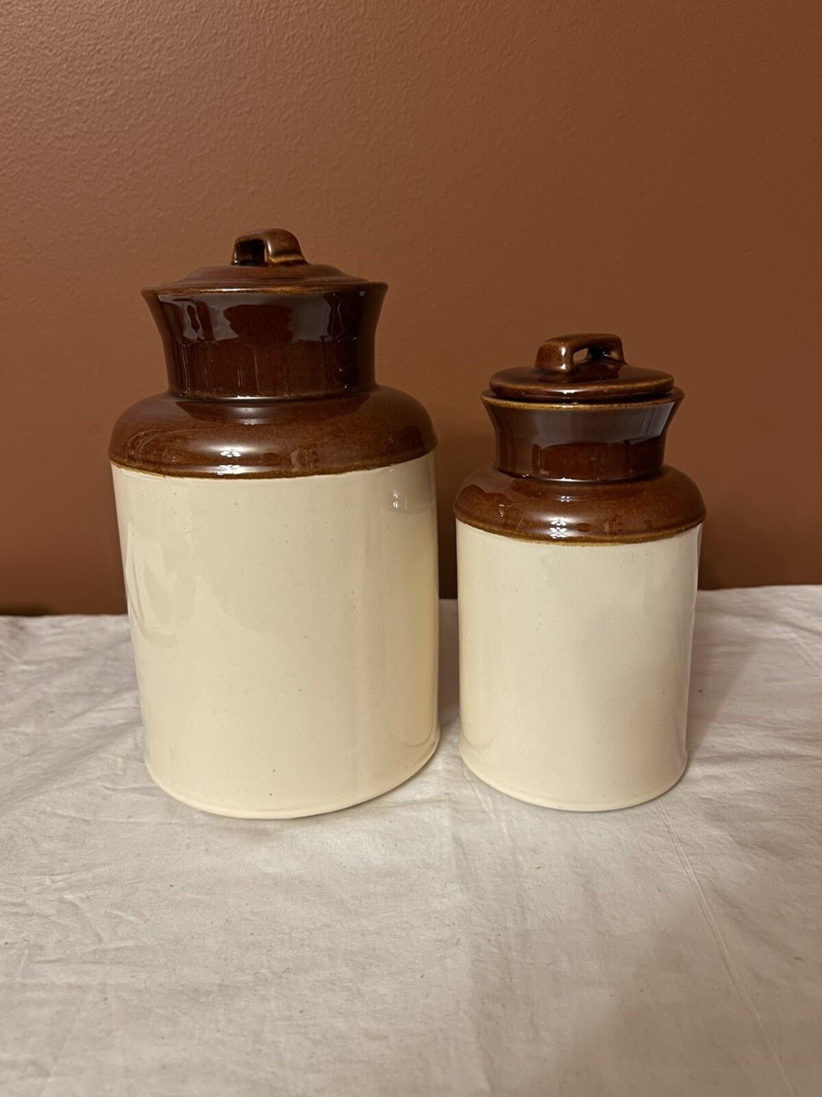 Vintage McCoy Pottery Milk Jug Canister 251 252 Brown & Cream Lidded Jar Set