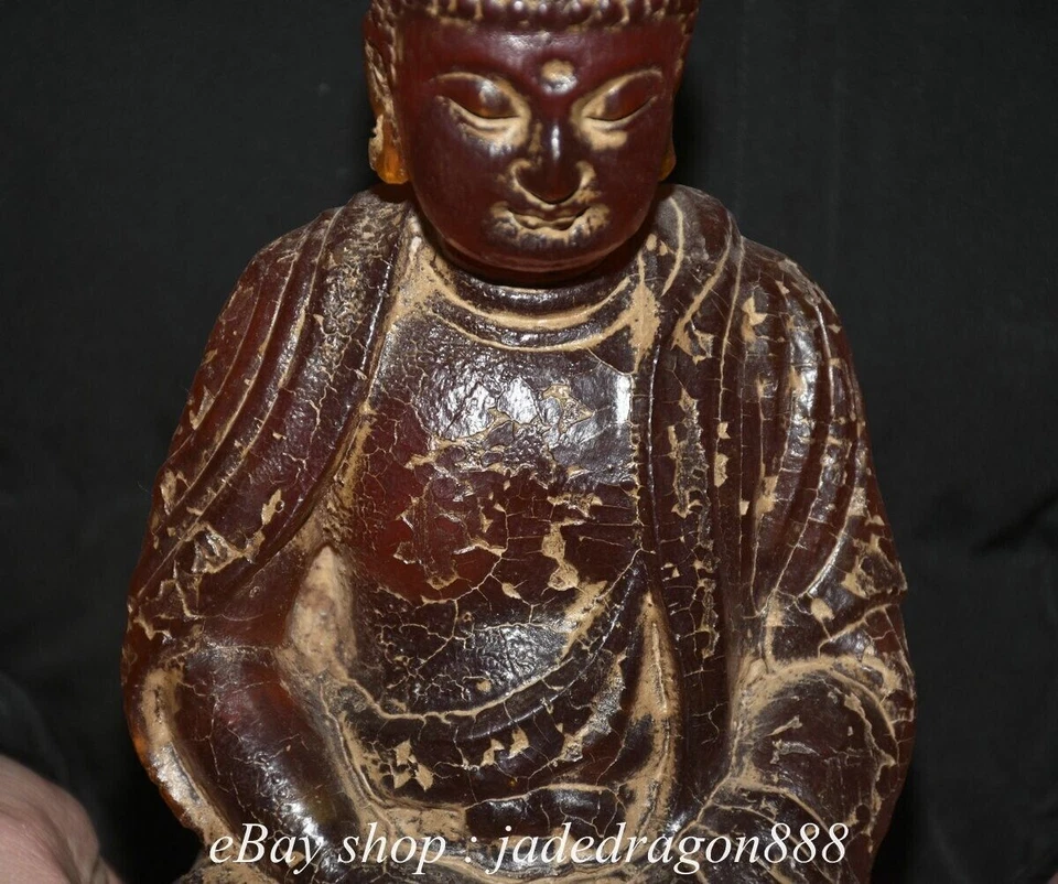 9.6" Chinese Buddhism Marked Red Amber Sit Shakyamuni Amitabha Buddha Statue - Image 3 of 4