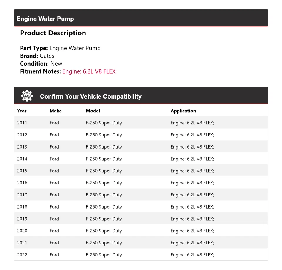 Para Ford F-250 Super Duty 2011-2022 6,2 L V8 FLEX Motor Bomba de Agua Puertas 2012 Foto 2 de 4