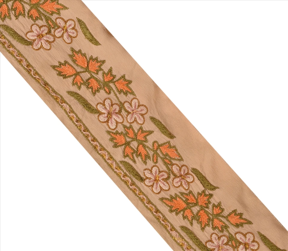 Vintage Sari Border Antique Hand Beaded 1 YD Indian Trim Sewing Beige Decor Lace - Изображение 4 из 4