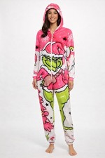 Pink Grinch Hooded One-Piece Pajamas Adult Large Soft Zip-Up Christmas