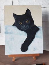 Charmant chat noir peinture à l'huile originale 12 x 9 art animalier.