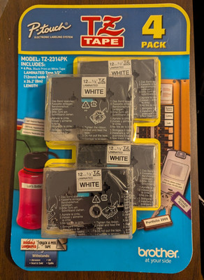 Genuine Brother TZ tapes 4-pack for P-Touch Label Maker,  Black Ink/White Tape