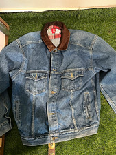 Mens True Vintage Denim Jacket L Metal Buttons Front Point Leather Collar
