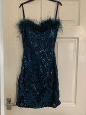 Y2K Windsor Teal Sequin Feather Trim Mini Dress Size M 8/10 Party