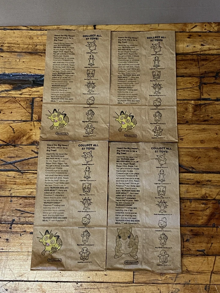 Lote de 4 bolsas de papel de comida vintage 1999 Pokemon Pikachu Meowth Burger King niños Foto 3 de 4