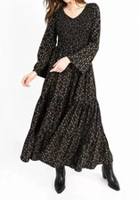 Molly Bracken Boho Tiered Maxi Smocked Black Peasant Dress Gown Pick Size
