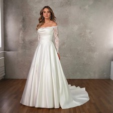 Off Shoulder Long Sleeves A-Line Satin Wedding Dresses Floor Length Bride Gowns
