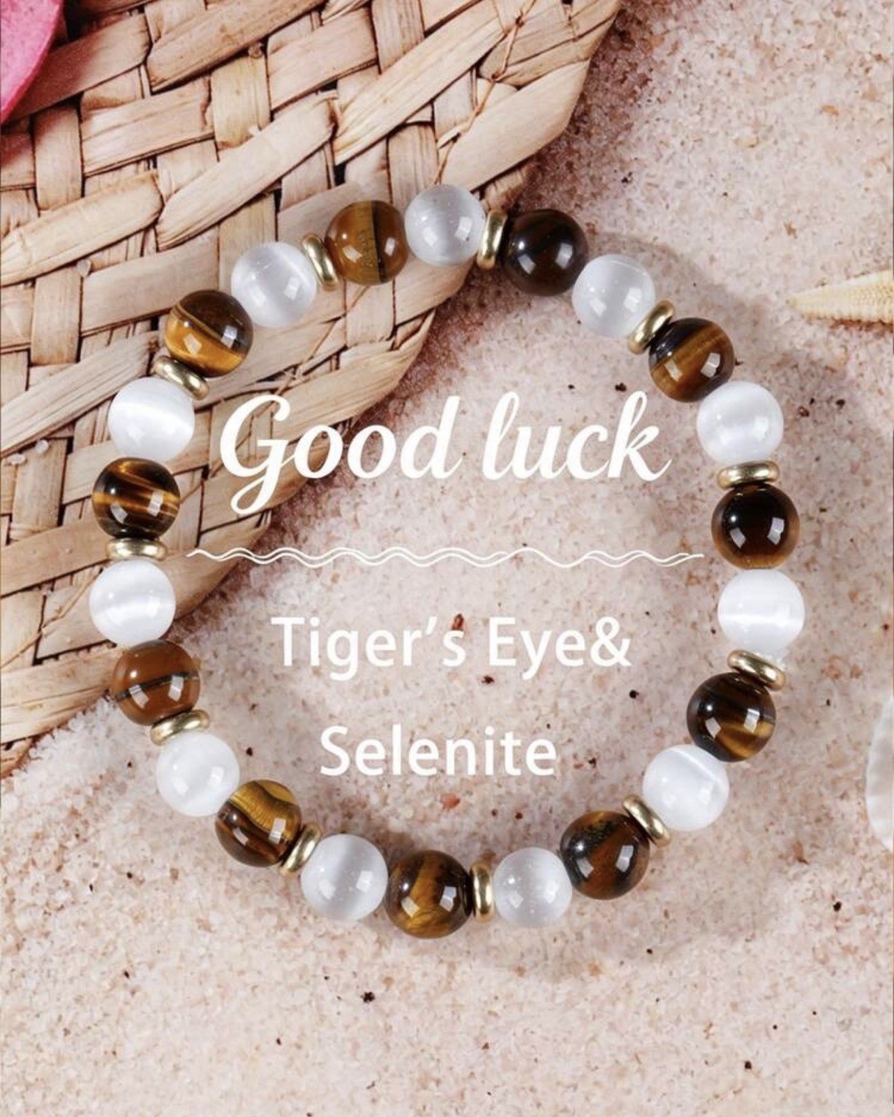 Bracelet œil de tigre marron et sélénite pour la protection et clarté d'esprit