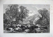 Old Antique Print 1875 Fine Art Holiday Spot Mountains Trees River Artist 19th