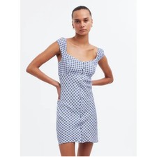 Madewell Cap-Sleeve Button-Front Mini Dress Geometric Print Blue Sweetheart 6
