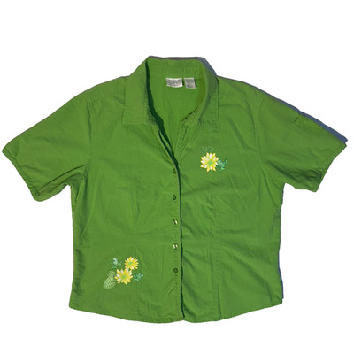 Erika Y2K Yellow Flower Glitter Frog Spring Green Blouse Top - L