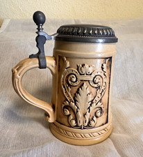 Steingut Bierkrug mit Zinndeckel, Reliefdekor, Motiv Minden/Westfalen
