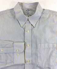 Brooks Brothers Men's SLIM FIT Non-Iron Blue Yellow Stripe Dress Shirt 17.5-6/7