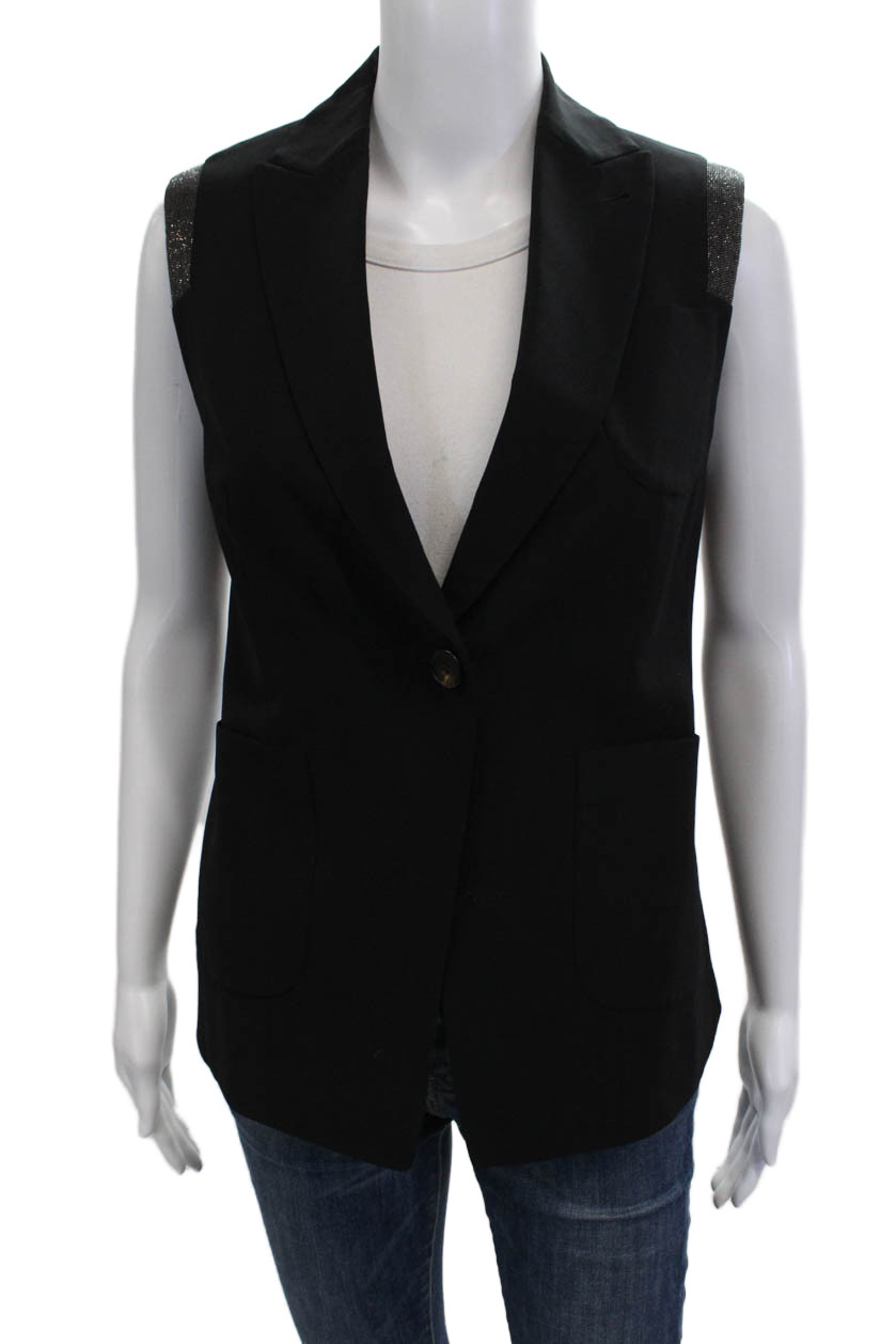 Brunello Cucinelli Women Black Silk Acetate Collared Sleeveless Vest Size 38Free Shipping in US $100+ Orders | $6.95 Orders Below