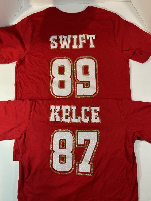 TAYLOR SWIFT TRAVIS KELSEY 87 89 SHORT SLEEVE SPARKLE T-SHIRT YOUTH XXL RED