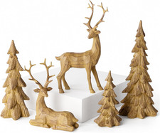 5PCS Christmas Reindeer Decor, Wood-Look Resin Deer  Trees