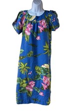 Vintage Hilo Hattie Hawaiian Muumuu Dress Blue Pink Hibiscus Made In Hawaii S